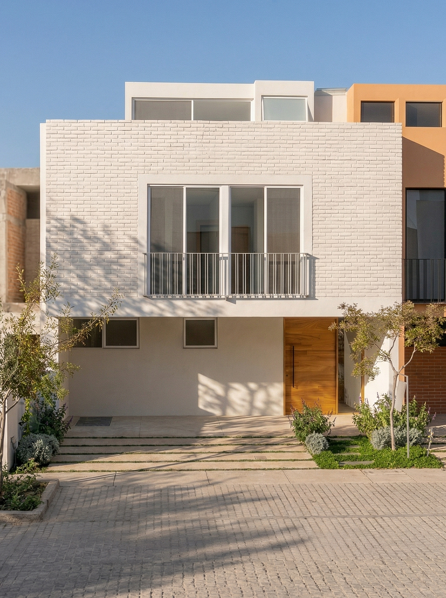 Fachada blanca de Casa 19 en Solares